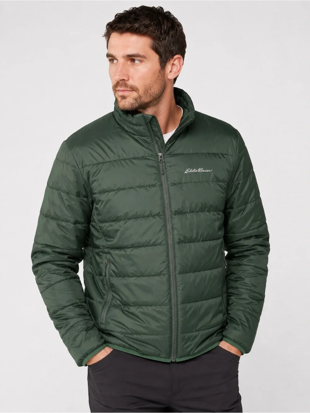 Eddie Bauer Mens Large Down Puffer Jacket Green Hooded 650 Fill EB650 Zip Coat - Picture 1 of 8